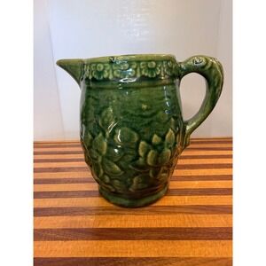 McCoy Green Stoneware Pitcher Water Lily Fish Handle #30 Vintage 1930s